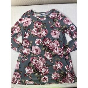 REBORN J Womens Floral Long Sleeve Top Gray Pink Rose Print Tunic Blouse